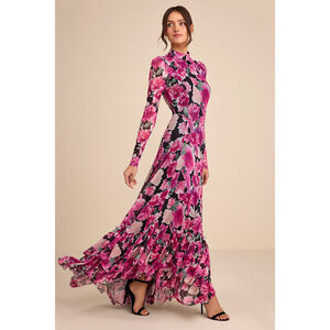 Lulus Emilina Black And Magenta Floral Mock Neck Maxi Dress - Size M